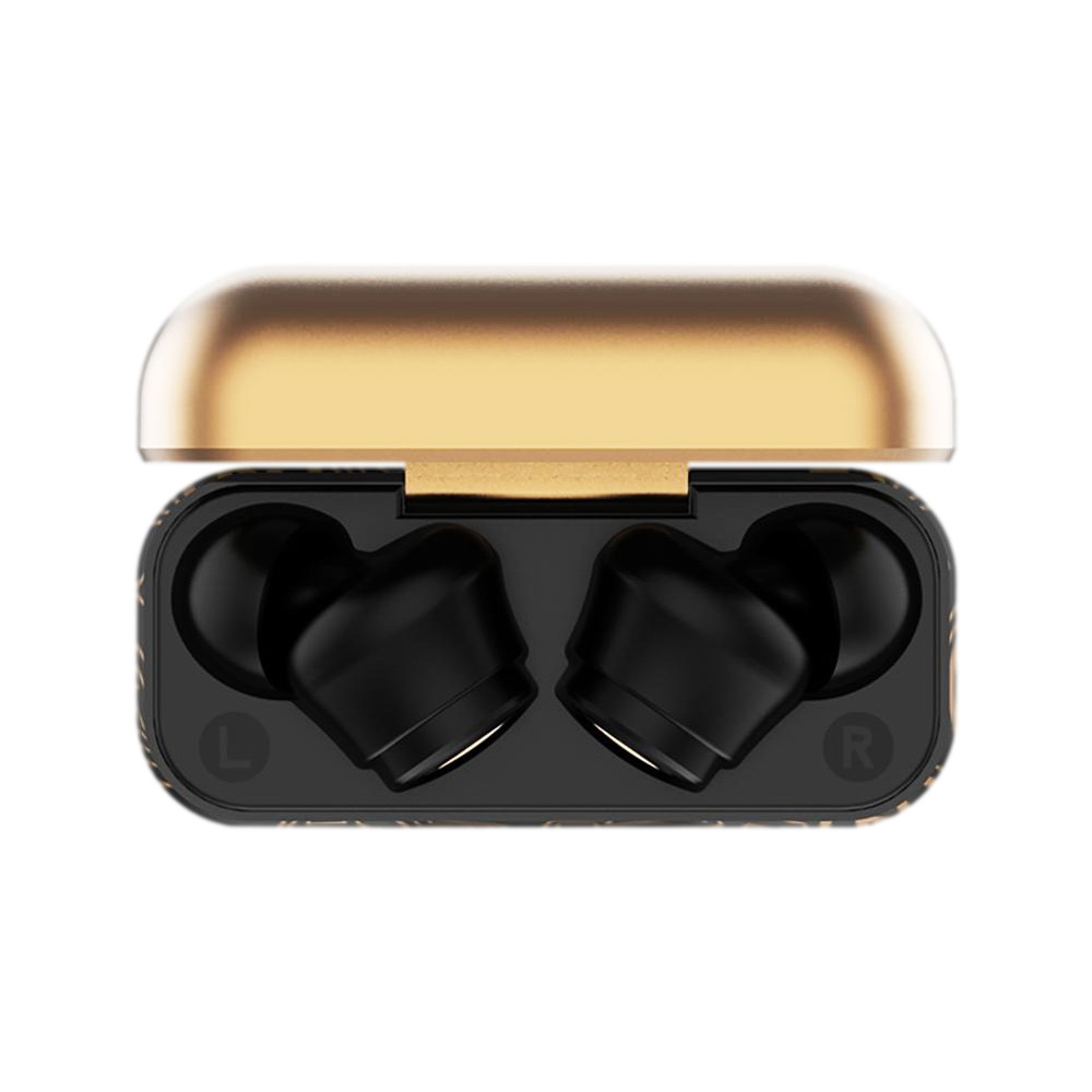 Black and gold earbuds case open